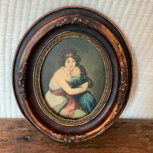 Antique Victorian carved wooden frame woman & child oval picture frame